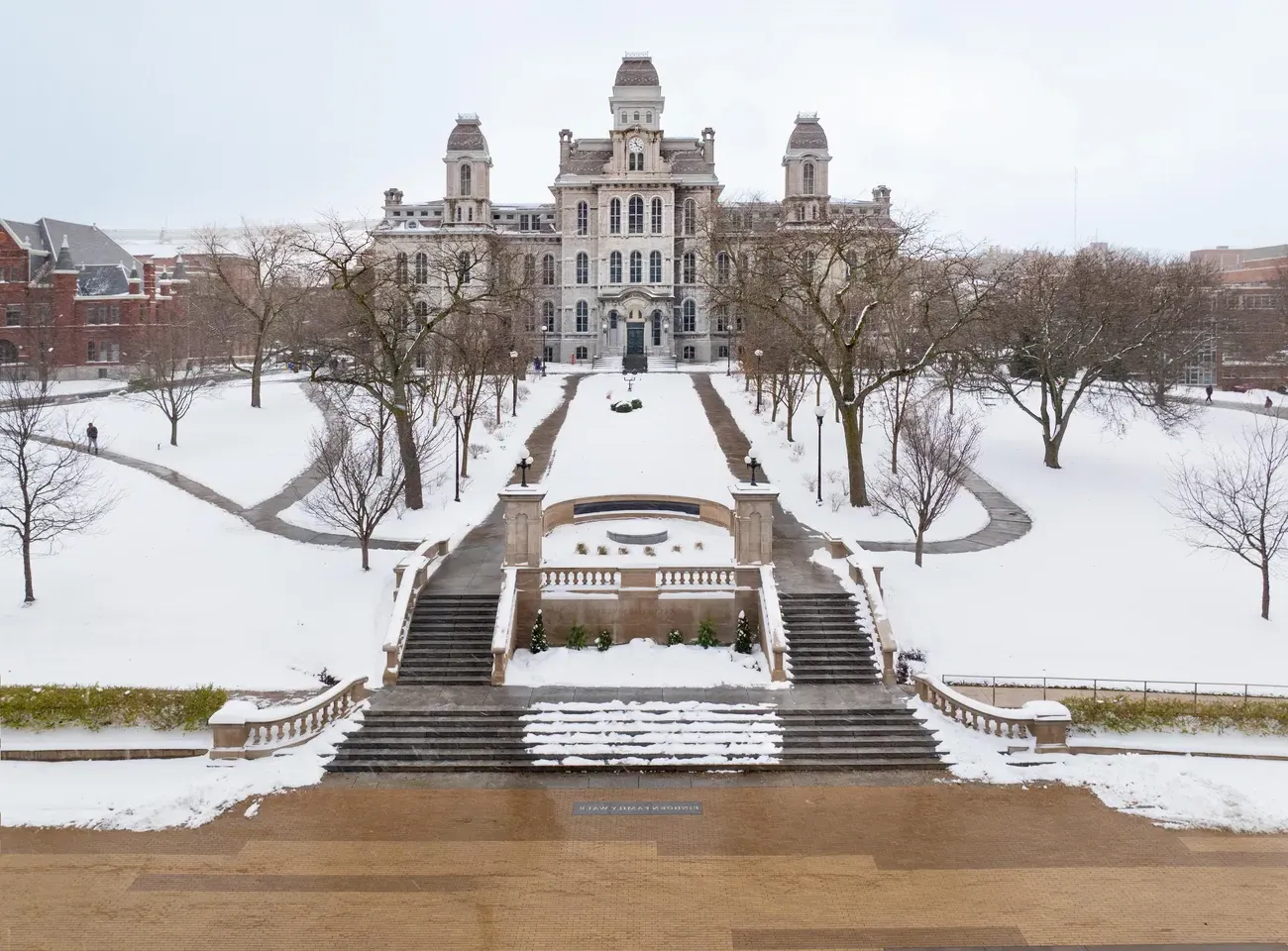 Overhead photo of campus features the Hall of Languages.